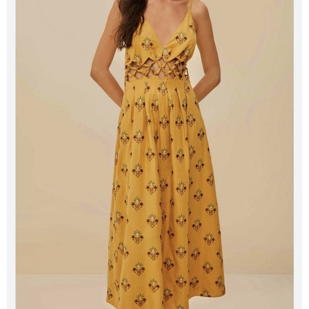 New Farm Rio Coconut Tree Tapestry Macrame Yoke‎ Maxi Dress XS